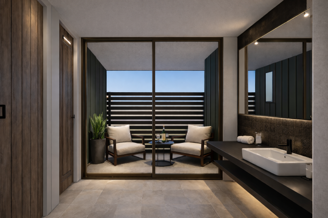 室内とつながるスパエリアは、 家にいながら心と体を整えられる特別な場所。 外部からの視線を抑えつつ、光と空を感じられる設計で、 家族でも安心して使える、上質なプライベート空間です。