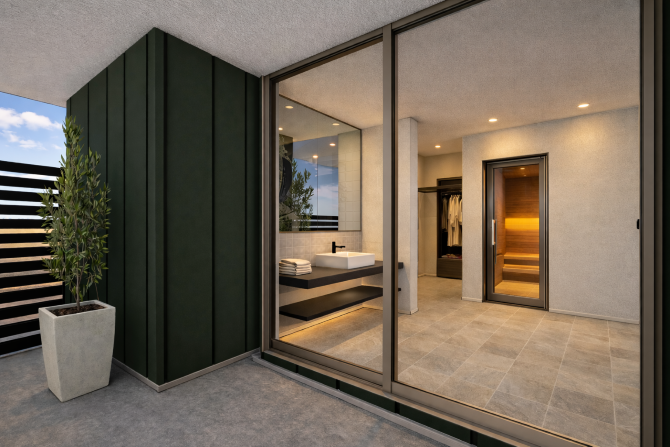 洗面・浴室・サウナに加え、WICまでをひと続きにした快適動線。 入浴やサウナ後の着替えまでがスムーズで、 暮らしの中に自然と“ととのう時間”が生まれます。