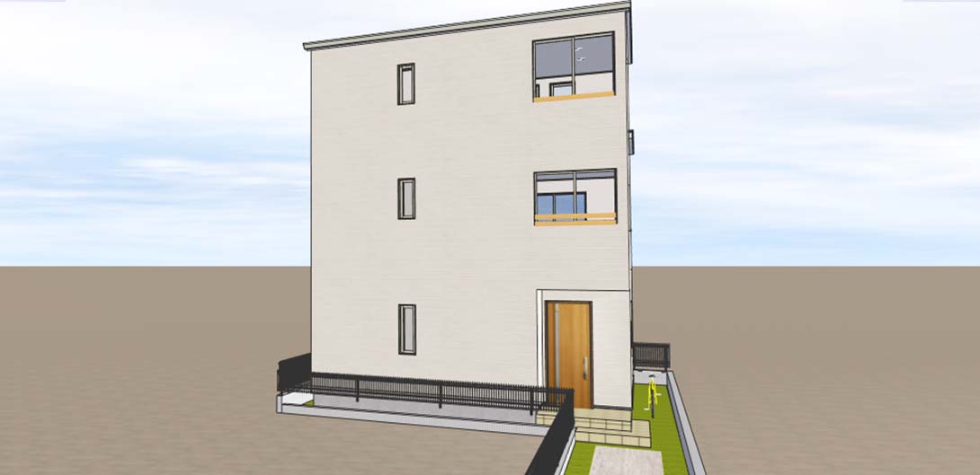 ルーフバルコニーのある3階建て